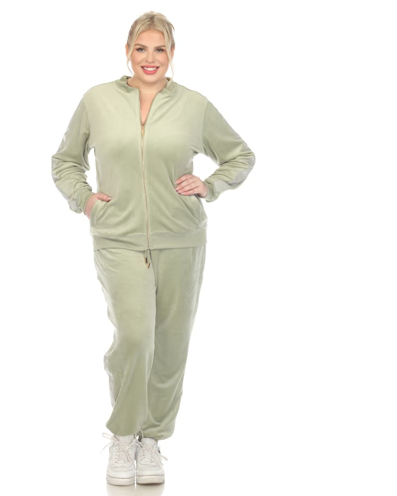 Front of a model wearing a size 1X Plus Size 2-Piece Velour with Faux Leather Stripe in Sage by White Mark. | dia_product_style_image_id:320051